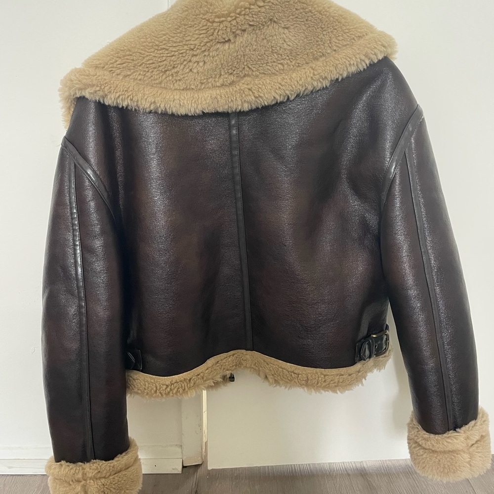 Brown Shearling-Lined Aviator Jacket with Tan Fur… - image 2